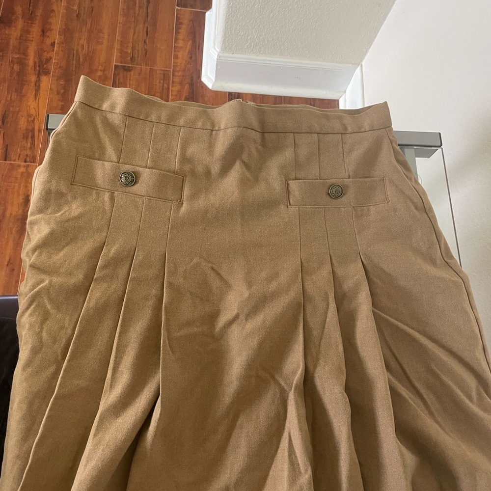 LOFT Tan High-Waisted Pleated Midi Skirt